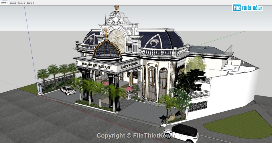 Sketchup nhà hàng,sketchup nhà hàng tân cổ,sketchup nhà hàng